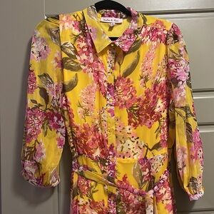 Harlow & Rose yellow and hot pink 3/4 sleeves flared midi dress with belt